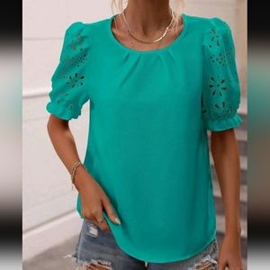 Laser Cut Out Puff Short Sleeve Blouse